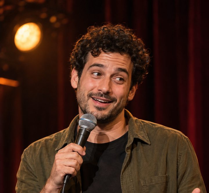 A comedian mid-joke on stage, framed close for a vertical clip